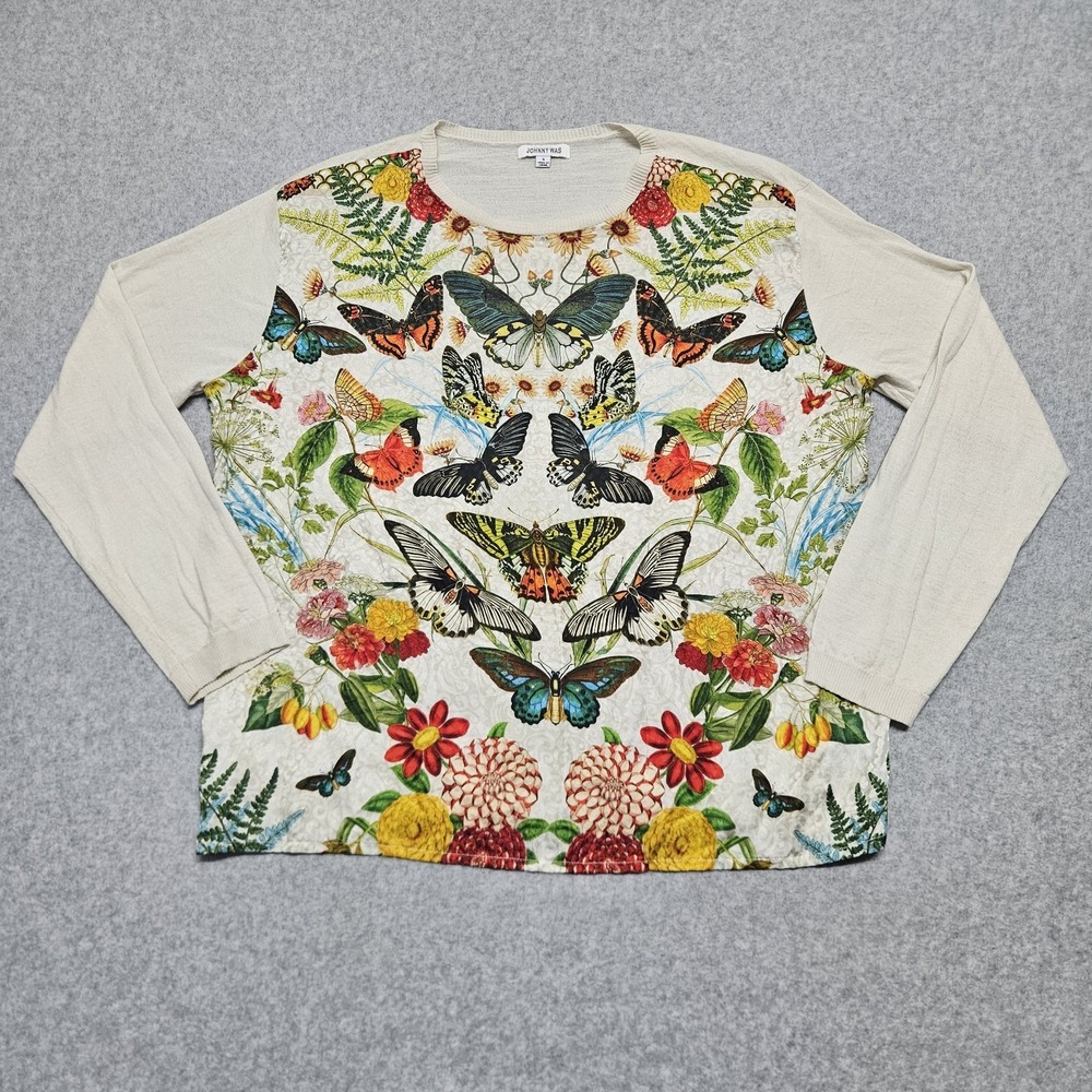 JOHNNY WAS Mariposa Floral Butterfly Long Sleeve Shirt S Cashmere Silk